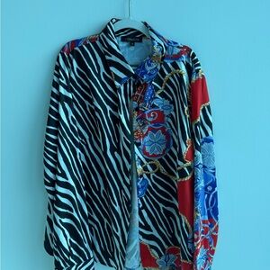 CQbyCQ Zebra & Chain Print Button-Down Shirt in Black, White & Red
